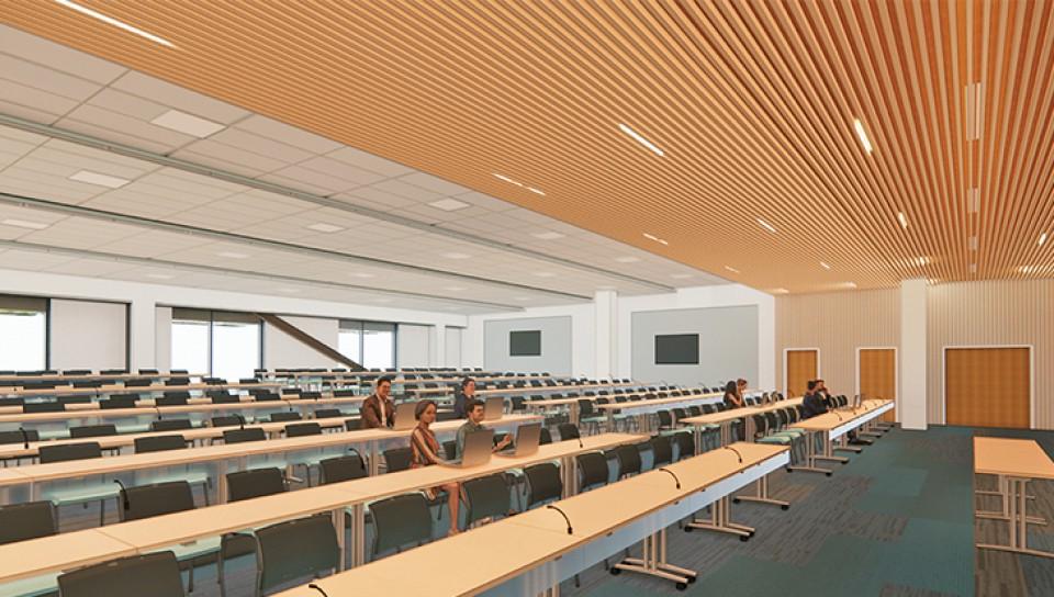 A rendering depicts the inside of the main lecture hall